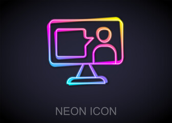 Fototapeta premium Glowing neon line E-learning of different foreign languages icon isolated on black background. Vector
