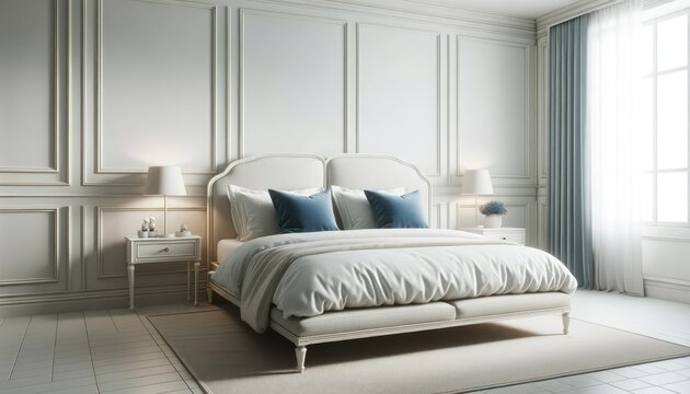 Photo of a modern, minimalist bedroom with French country influences