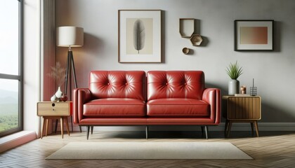 Photo of a red leather sofa placed against a wall with ample copy space above
