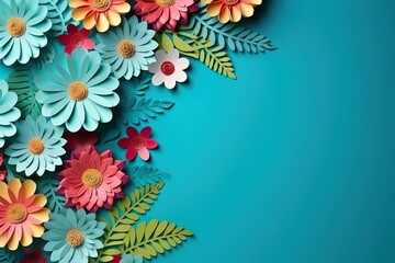 Top view of colorful paper cut flowers with green leaves on turquoise green background with copy space, spring creative menu, spring background, spring wallpaper