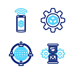 Set line Hourglass and gear, Outsourcing concept, Product development and Contactless payment icon. Vector