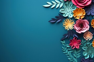 Top view of colorful paper cut flowers with green leaves on turquoise green background with copy space, spring creative menu, spring background, spring wallpaper