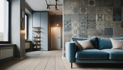 Photo of a semi-close-up perspective of a modern Scandinavian loft studio apartment