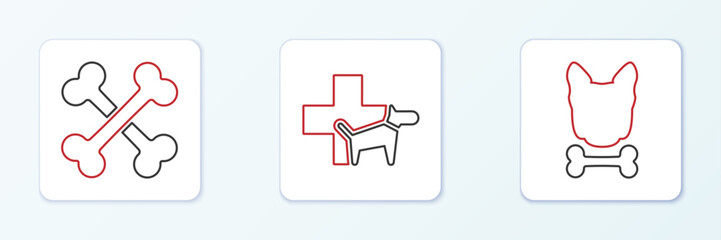 Set line Dog and bone, Crossed bones and Veterinary clinic icon. Vector