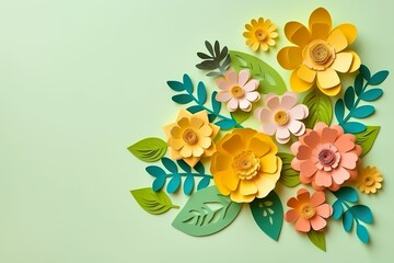 Top view of colorful paper cut flowers with green leaves on mint green background with copy space, spring creative menu, spring background, spring wallpaper