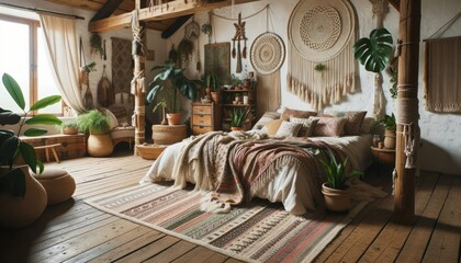 Fototapeta na wymiar Photo of a spacious bedroom in a country house, capturing the essence of Boho design