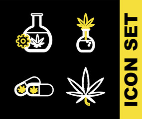 Set line Test tube with marijuana, Marijuana or cannabis leaf, Medical pills and icon. Vector