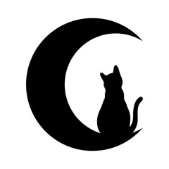 Silueta de gato negro sentado en media luna para su uso en invitaciones y tarjetas de Halloween © teracreonte