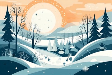 Naklejka premium Snowy Serenity, Winter Snowy Landscape Vector Illustration, ,winter snowy landscape tranquil Beauty of Winter, by Generative AI.