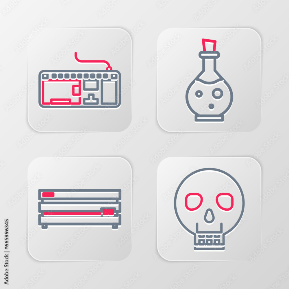 Poster set line skull, video game console, bottle with magic elixir and computer keyboard icon. vector