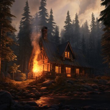 A cozy cabin in the woods with smoke rising from the chimney, generative AI