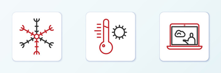 Set line Weather forecast, Snowflake and Meteorology thermometer icon. Vector - obrazy, fototapety, plakaty