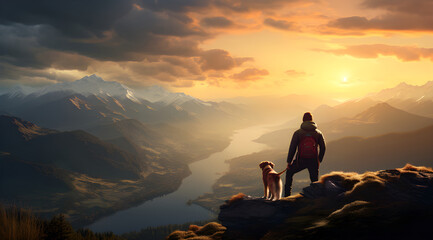 Beautiful sunset with man and his dog travel standing at in mountain view background