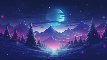 Snowy landscape in synthwave retro style, generated with ai.