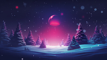 Trees in snowy landscape in synthwave retro style, generated with ai.
