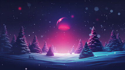 Naklejka premium Trees in snowy landscape in synthwave retro style, generated with ai.