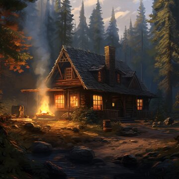 A cozy cabin in the woods with smoke rising from the chimney, generative AI