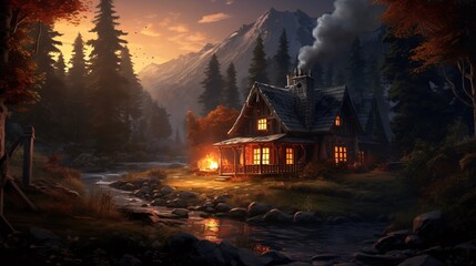 A cozy cabin in the woods with smoke rising from the chimney, generative AI
