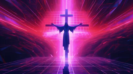 Foto op Canvas Jesus christ on cross in synthwave style with neon lights, generated with ai. © Andreas