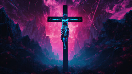 Jesus christ on cross in synthwave style with neon lights, generated with ai.