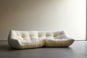 Cozy modern luxurious interior design with a white fluffy designer poliform sofa, tall ceiling,...