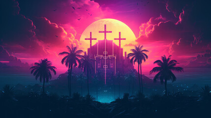 Obraz premium A jesus synthwave cross at sunset
