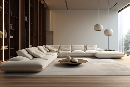 Cozy modern luxurious interior design of a living room with a white fluffy poliform sofa, tall ceiling, off-white cream colored textiles