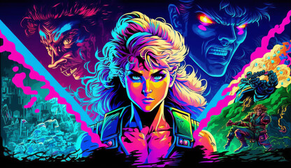 A retro 80s hero character in synthwave style