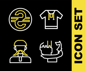 Set line Embroidered shirt, Monument to founders of Kiev, Ukrainian cossack and hryvnia icon. Vector