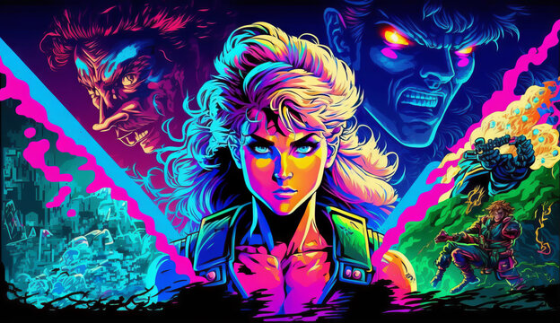Fototapeta A retro 80s hero character in synthwave style