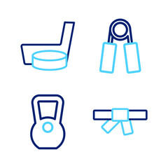 Set line Black karate belt, Kettlebell, Sport expander and Ice hockey stick puck icon. Vector
