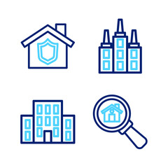 Set line Search house, House, Skyscraper and with shield icon. Vector
