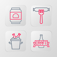 Set line Beer bottle, bottles in ice bucket, Sausage on the fork and can icon. Vector