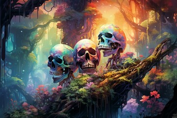 vibrant skulls amidst watercolor forest foliage. futuristic. Generative AI