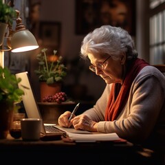 Fototapeta na wymiar old lady working at the notebook at home,