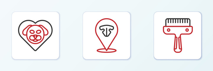 Set line Hair brush for dog and cat, Heart with and Cat nose icon. Vector