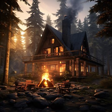 A cozy cabin in the woods with smoke rising from the chimney, generative AI