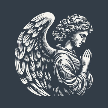 Angel praying. Vintage woodcut engraving style hand drawn vector illustration on dark background.