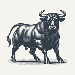 Fototapeta premium Muscular Bull. Vintage woodcut engraving style hand drawn vector illustration.