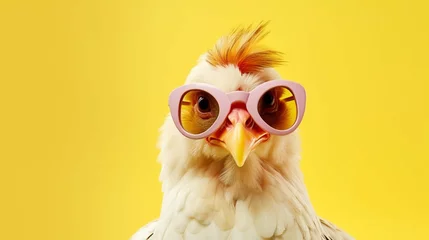 Fotobehang Creative animal concept. Chicken hen in sunglass shade glasses isolated on solid pastel background © Ahtesham