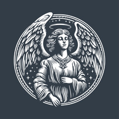 Angel with halo. Vintage woodcut engraving style hand drawn vector illustration on dark background.
