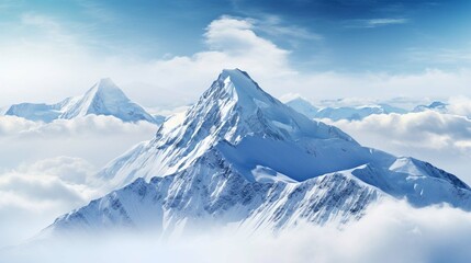 Fototapeta na wymiar Snowy mountain peak towering above the clouds, its pristine white slopes contrasting against the deep blue sky