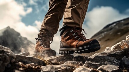 Man hiking up a mountain trail with a close-up of his leather hiking boots. The hiker shown in motion - obrazy, fototapety, plakaty