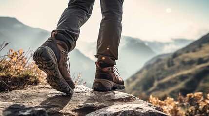 Man hiking up a mountain trail with a close-up of his leather hiking boots. The hiker shown in motion - obrazy, fototapety, plakaty