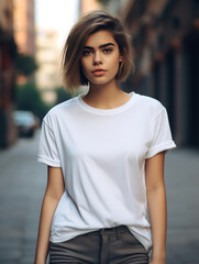 Fototapeta premium A mockup of a young female model wearing a white T-shirt, outdoor background