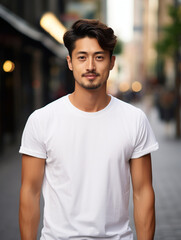 A mockup of an Asian male model wearing a white T-shirt, outdoor background