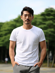 A mockup of an Asian male model wearing a white T-shirt, outdoor background