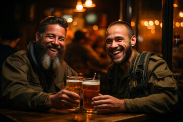 two Israeli and Palestinian enemy soldiers together celebrating peace