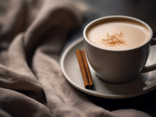 Cup of coffee with cinnamon on table