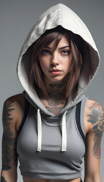 Sporty young woman with tattoo on her arm and hoodie